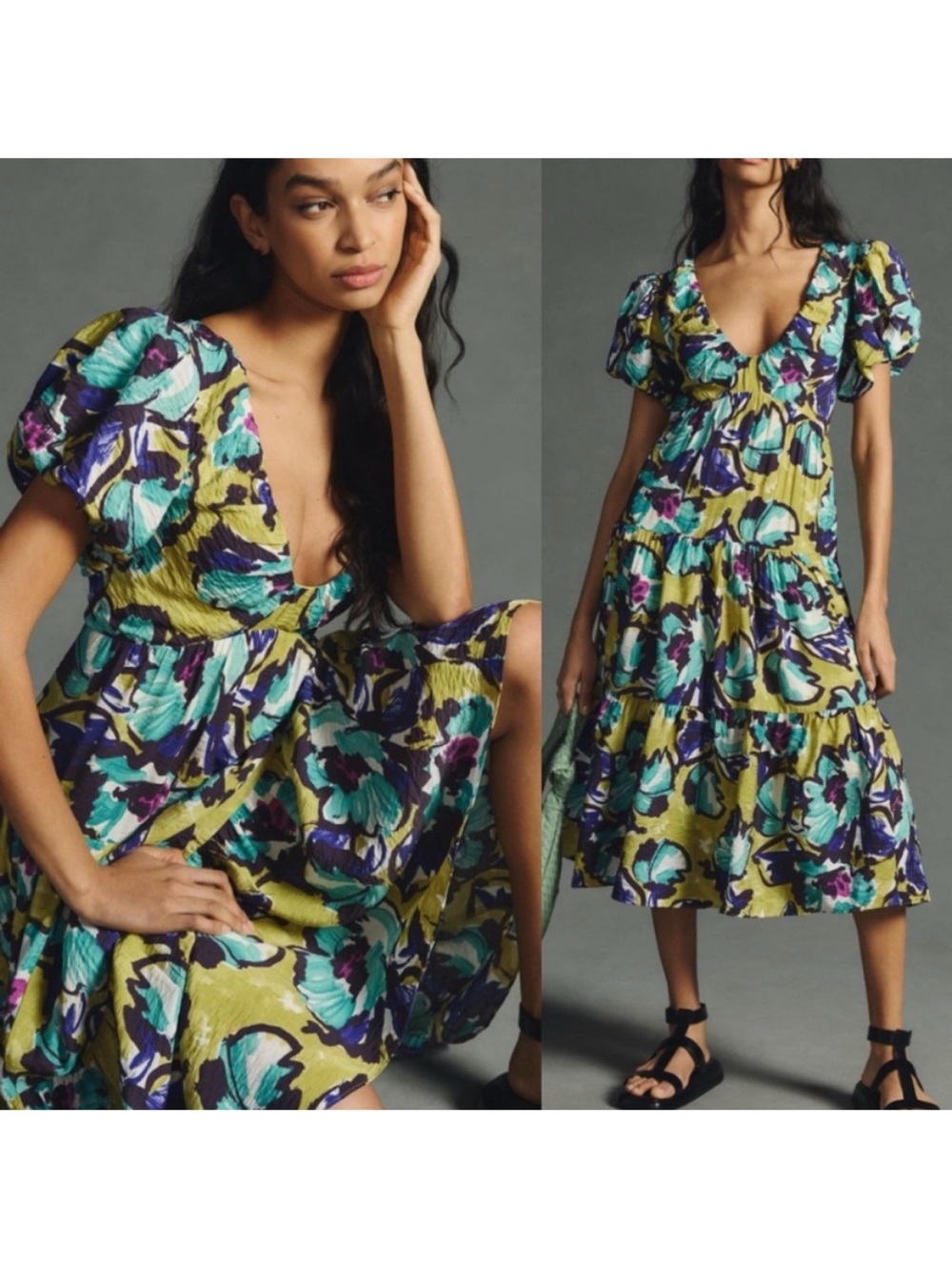 Anthropologie Floral V-Neck Tiered Midi Dress in Yellow, Teal, Purple